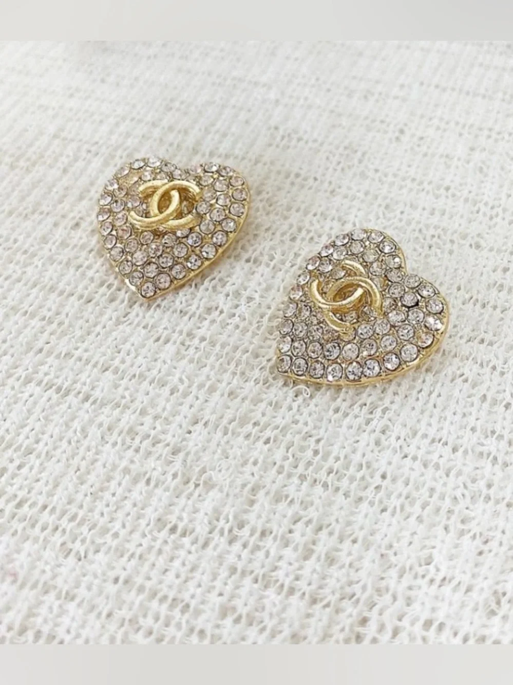 Fashion CHAN3L Gold Heart Crystal Logo Earrings